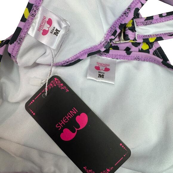 New Shekini Purple Black Leopard Print High Waist Scoop Neck 2 Pc Set Swimsuit M - Picture 9 of 11